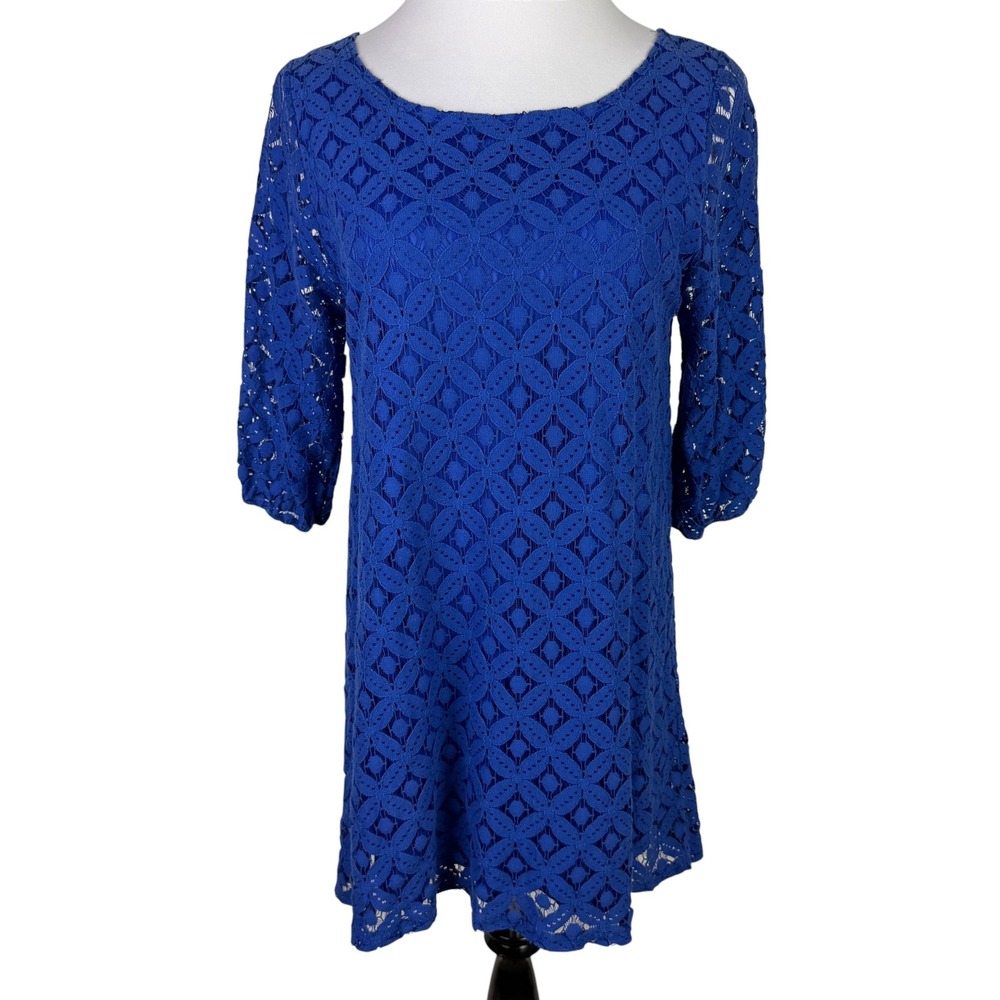 Love Notes Royal Blue Lace Shift Dress Womens Medium 3/4 Sleeve Scoop Neck D4794